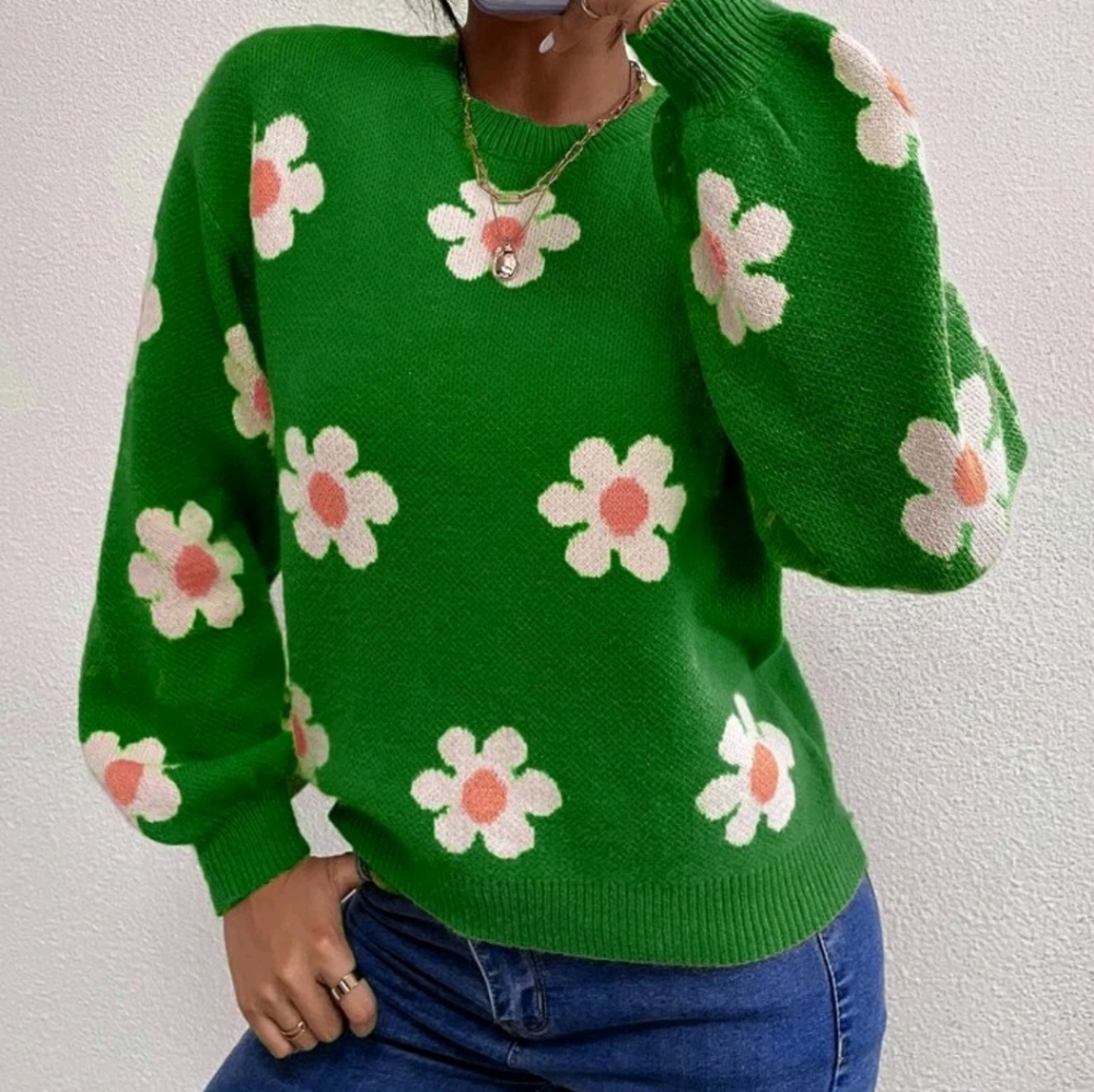 Floral Pattern Drop Shoulder Sweater Blouse - Picture 6 of 7